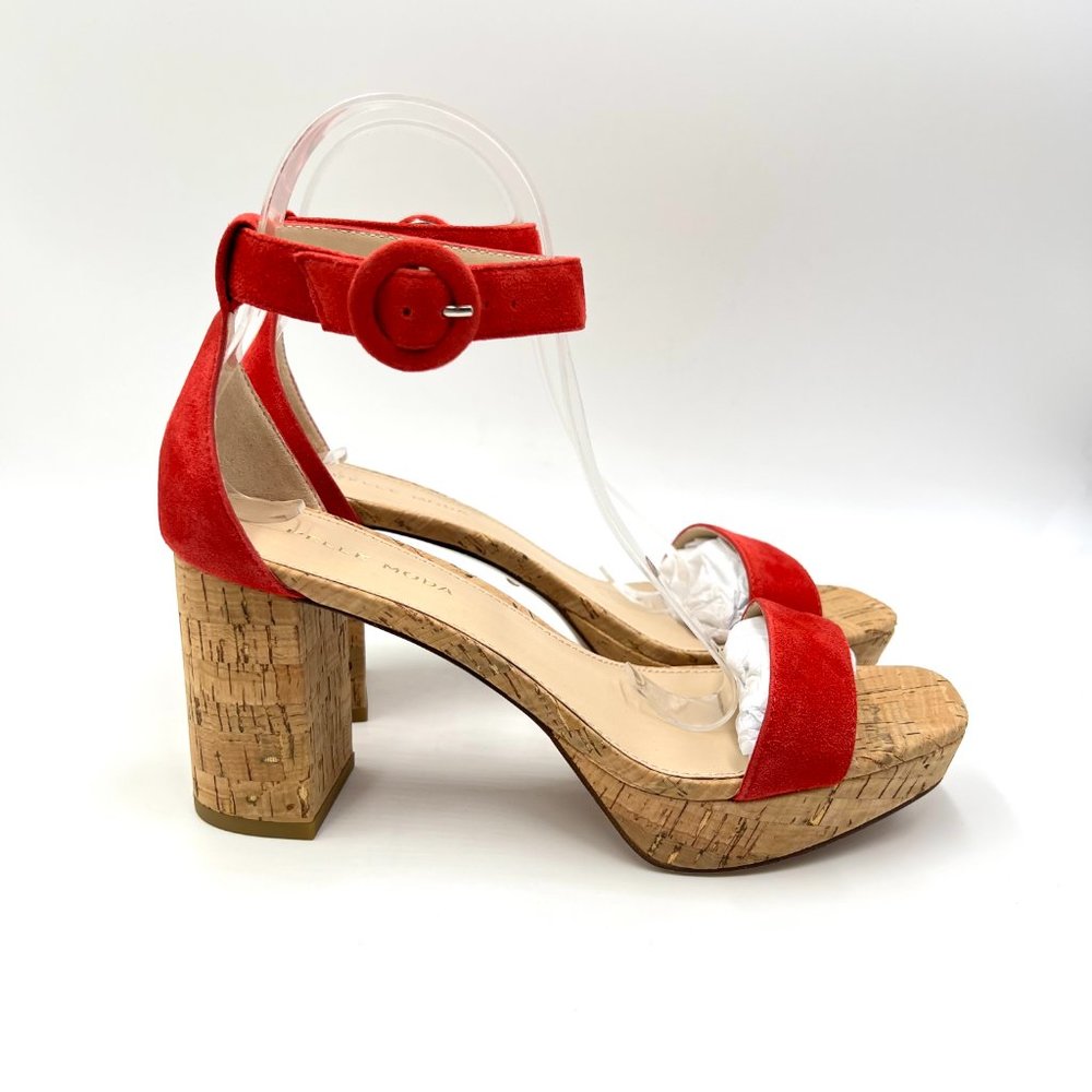 Pelle Moda Womens Size 7.5 Flame Red Suede Cork‎ Platform Sandals Heels Shoes